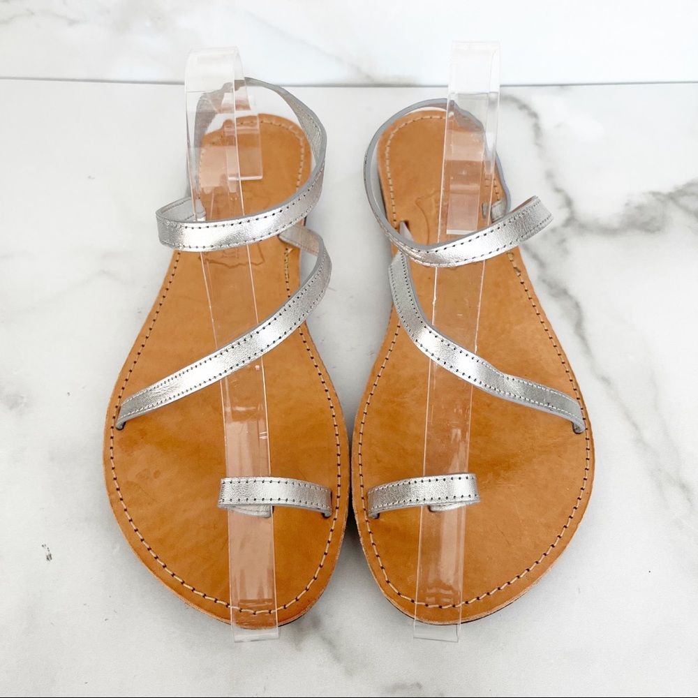 Metallic silver made in Mykonos Greece strappy leather wrap sandals